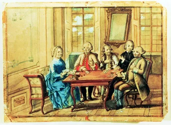 Rakouská císařovna Marie Terezie hraje karty s polním maršálem Karoly Batthyany (1698-1772), Nadaským a polním maršálem Leopoldem Josephem, hrabětem von Daun (1705-66), 1751