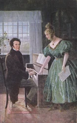 Franz Peter Schubert (1797-1828) hra na klavír, pohlednice kolem roku 1910