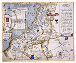Leo Belgicus, zobrazující Nížiny ve tvaru lva, 1586