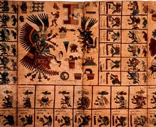 Zobrazení aztéckých božstev a polí odpovídajících kalendáři. Stránka aztéckého rukopisu na kůře „Codex Borbonicus“, předkolumbovského domorodého kodexu ze středního Mexika, konec 15. století. Knihovna Národního shromáždění (Palais Bourbon).