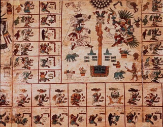 Zobrazení aztéckých božstev a políček odpovídajících kalendáři. Stránka aztéckého rukopisu na kůře „Codex Borbonicus“, předkolumbovského domorodého kodexu ze středního Mexika, konec 15. století. Knihovna Národního shromáždění (Bourbonský palác).