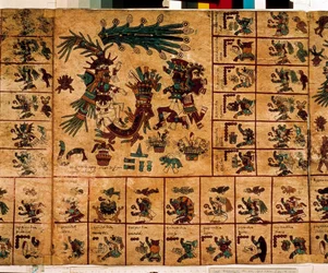 Zobrazení aztéckých božstev a políček odpovídajících kalendáři. Stránka aztéckého rukopisu na kůře „Codex Borbonicus“, předkolumbovského domorodého kodexu ze středního Mexika, konec 15. století. Knihovna Národního shromáždění (Bourbonský palác).