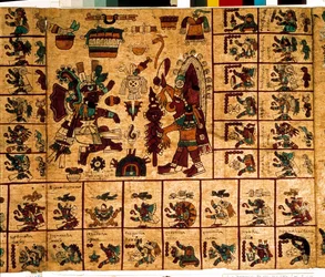 Vyobrazení aztéckých božstev a polí odpovídajících kalendáři. Strana aztéckého rukopisu na kůře „Codex Borbonicus“, předkolumbovského domorodého kodexu ze středního Mexika, konec 15. století. Knihovna Národního shromáždění (Palais Bourbon).