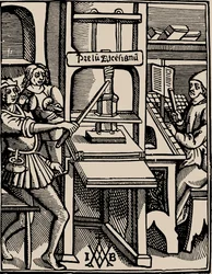 Prelum Ascensianum: zařízení tiskárny s tiskařským lisem v práci, 1508.