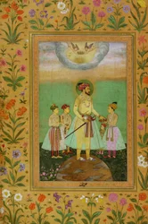Shah Jahan (1592-1666) stojí na velkém glóbu obklopený svými čtyřmi dětmi, z alba Minto