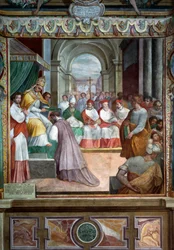 Celestine III světící prvního biskupa Viterba v roce 1192, detail fresek od Baldassare Croce