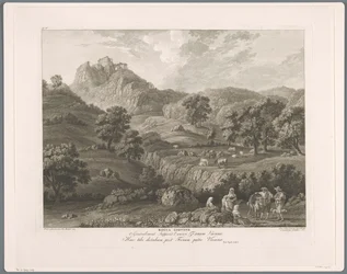 Pohled na Roccagiovine Rocca Giovine (titul na objektu) Suite de VI vues des Environs de Rome (...) (název série)