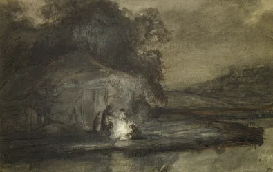 Noční krajina s řekou a pastýři (pero a inkoust s tělovou barvou na papíře)