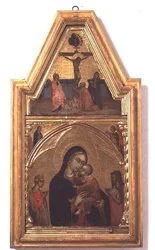 Madona s dítětem se svatým Janem Křtitelem a svatou Kateřinou, s výjevem Ukřižování nad nimi