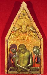 Pieta tempera na panelu s aplikovanou textilií
