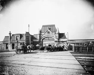 Brána Union Stock Yards na Exchange Avenue, Chicago, Illinois, USA, cca 1905 (černobílá fotografie)