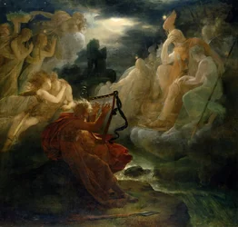 Na břehu Lory Ossian vyvolává ducha zvukem své harfy, kolem 1811