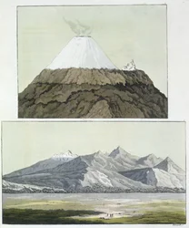 Vrchol Cotopaxi (nahoře) a erupce Cotopaxi, 1803 (dole), z díla „Le Costume Ancien et Moderne“, svazek I, od Julese Ferraria, vydaného kolem 20.-30. let 19. století