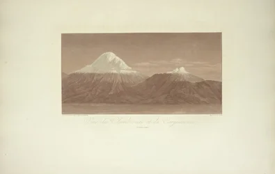 Pohled na Chimborazo a Carguairazo, kreslil Gmelin, ryl Arnold, ilustrace z "Vues des Cordillères et Monumens des Peuples Indigènes de l"Amérique" od Alexandra von Humboldta a Aime Bonpland, 1813