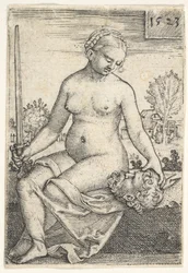 Judith, sedící nahá s mečem v pravé ruce, hledící dolů na hlavu Holoferna ..., 1523.