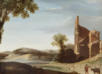Krajina s klasickými ruinami a postavami, cca 1630 (olej na mědi)