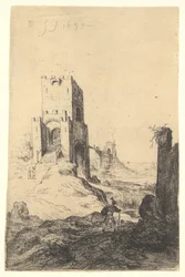 Pohled na Ponte Mammolo, most v pozadí, věž s rampou uprostřed terénu..., 1639.