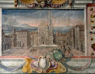 Ložnice, detail vlysu zobrazující města pod vládou Medicejských, možná Lucca, freska z let 1564-75