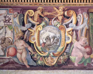 Sala del Granduca di Toscana sál velkovévody z Toskánska detail vlysu zobrazující znamení zvěrokruhu, Kozoroha, znak Francesca deMedici 1541-87 1564-75 freska