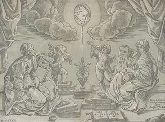 Alegorie teze, dvě ženy drží desky s nápisem, 1640.