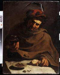 Snídaně (Snídaně). Obraz Bartolomea Manfrediho (1587-1622). Olej na plátně. Italské umění, barokní styl. Státní muzeum umění, Charkov nebo Charkov, Ukrajina.