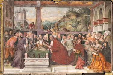 Kardinál Guido z Monfortu otevírá archu světce, škola světce