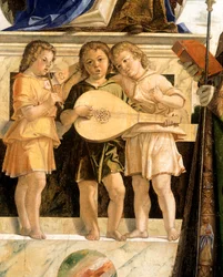Madona s dítětem na trůn se svatými Janem Křtitelem, Bartolomějem a Sebastianem, Bartolomeo Cincani známý jako Il Montagna (1450-1523). Detail.