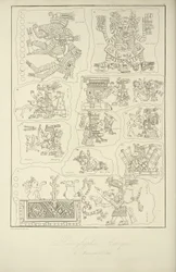 Aztécké hieroglyfy z rukopisu Veletri, ilustrace z „Pohledy na Kordillery a památky domorodých národů Ameriky“ od Alexandra von Humboldta a Aime Bonpland