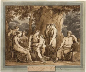 Calypso sleduje Telemacha s Amorem na koleně, zatímco Mentor sleduje v hněvu, z The Adventures of Telemachus, kniha 7