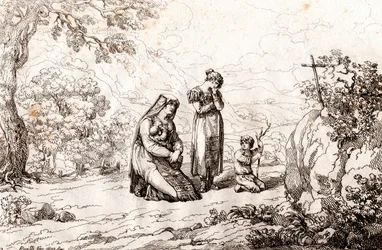 Žena Ciociara se modlí před křížem, kde byl zabit její manžel, lept Bartolomeo Pinelli (Řím