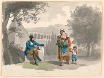 Kresba, Žena držící rukou chlapce, který prochází kolem muže sedícího mezi ruinami v Kampánii, 1807