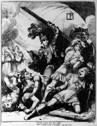 Orlando hází dřevěnou deskou proti dvaceti ozbrojeným mužům, ilustrace od Bartolomea Pinelliho (1781-1835) pro XIII. zpěv Orlanda Furiosa od Ludovica Ariosta (1474-1533)