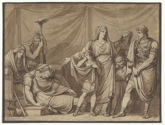 Královně Tranquille je ukázána mrtvola jejího manžela Tarquinia, ilustrace k Římským dějinám Charlese Rollina