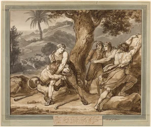 Telemachus bojuje se lvem, z The Adventures of Telemachus, kniha 2