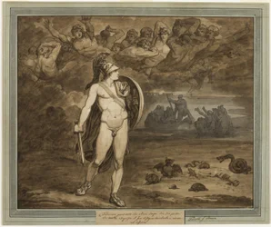 Telemachus, věří, že jeho otec Ulysses je mrtvý, hledá ho v podsvětí, z Telemachova dobrodružství, kniha 18