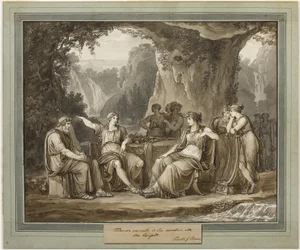Telemachus spojuje svá dobrodružství s bohyní Calypso, z The Adventures of Telemachus, kniha 1