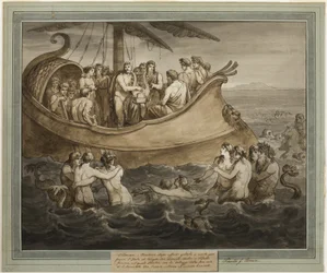 Telemachus a rádce v galeji po útěku z ostrova Calypso, z The Adventures of Telemachus, kniha 8