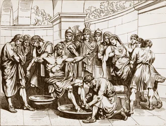 Římský filozof Seneca (Lucius Annaeus Seneca, 4 př. n. l.-65 n. l.), obviněný z účasti na spiknutí proti císaři Neronovi, dostal příkaz spáchat sebevraždu - rytina Bartolomeo Pinelli - Smrt Senecy, rytina Bartolomeo Pinelli (1781-