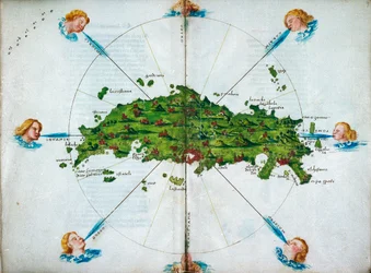 Isolario, veršované, s barevnými kresbami a mapou východního Středomoří na pergamenu, asi 1480 (kresba na pergamenu)