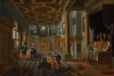 Renesanční interiér s banketáři, cca 1618-1622 (olej na panelu)