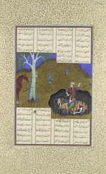 Rustam pomstí svou vlastní blížící se smrt, Folio 472r z Shahnamy..., ca. 1525-30.