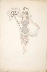 Kostýmní návrh pro dámu s vějířem, 1890-99.