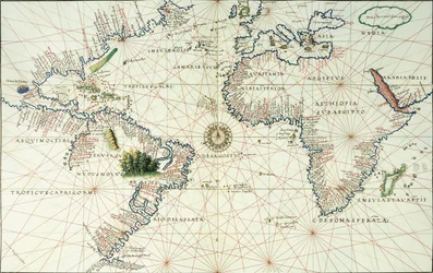 Dvostránková mapa Atlantského oceánu se zobrazením východního pobřeží Severní a Jižní Ameriky, 1544