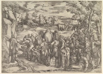 Mojžíš čerpající vodu ze skály, vlevo s tekoucí vodou, různé postavy a ..., ca. 1552-61.