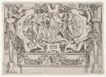 Busta ženy lemovaná třemi ženami na každé straně, zasazená do propracovaného rámu, ca. 1540-80.