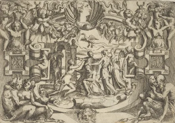 Čtyři ženy obklopující sedící postavu, nad nimi pták, zasazené do propracovaného ..., ca. 1540-80.