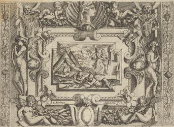 Judita a služebná s hlavou Holoferna, zasazená do propracovaného rámu, c..., cca 1540-80.