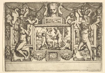 Mladá žena pije z misky, stará žena stojící před ní, zasazená do..., ca. 1540-80.