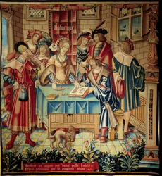 Závěs zobrazující svobodná umění: Aritmetika. Tapiserie z vlny a hedvábí vyrobená kolem roku 1520 v Tournai. Rozměry 3,1 x 2,9 m. Paříž, Národní muzeum středověku, lázně Cluny
