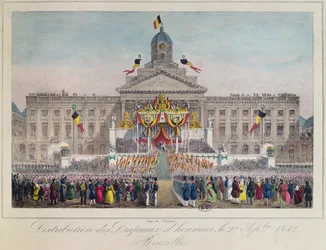 Rozdávání čestných vlajek v Bruselu 27. září 1832, 1832 (barevná rytina)